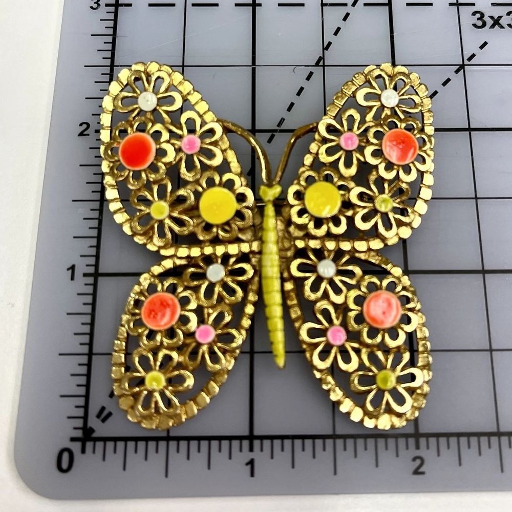 Signed ART Co Gold Tone and Enamel Butterfly Brooch With Floral Filigree Pattern - Picture 3 of 3